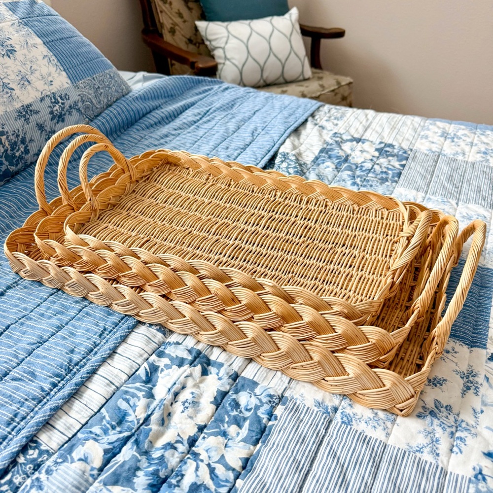 Rectangular Wicker Rattan 3pc Nesting Serving Trays w/ Handles - Braided Edge